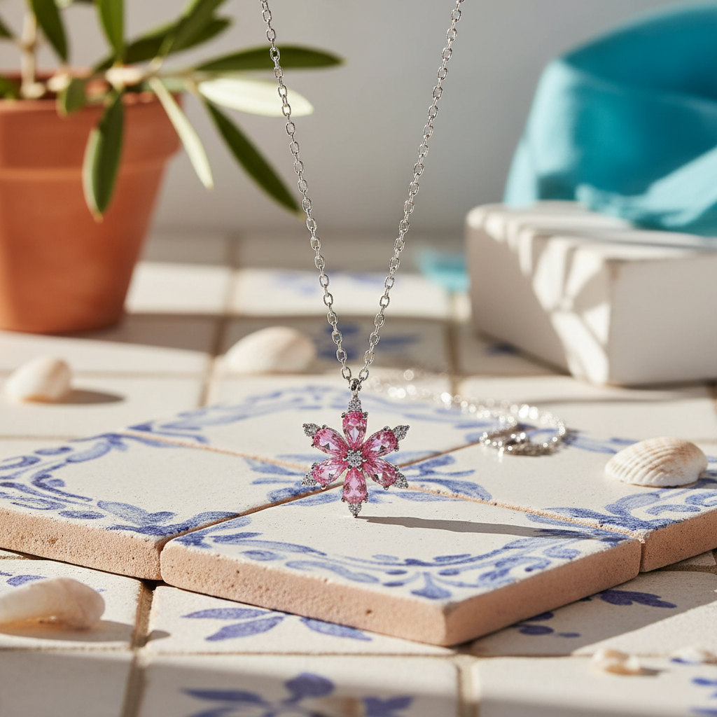 Choice Pembe Fancy Taşlı Gümüş Lotus Çiçeği Kolye