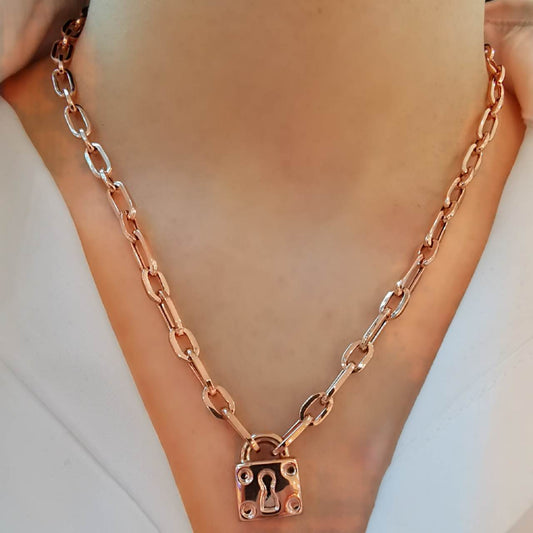 Boru Zincir Gümüş Kilit Kolye Rose