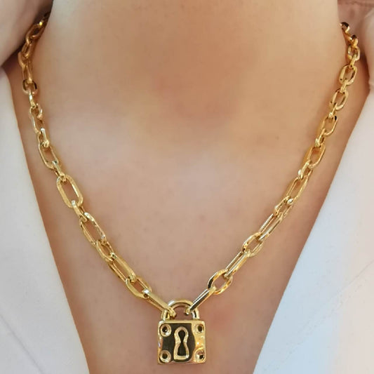 Boru Zincir Gümüş Kilit Kolye Gold