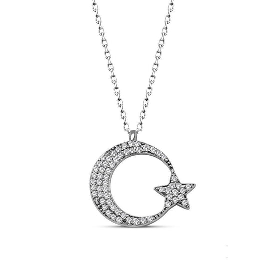 Gümüş Zirkon Taşlı Ay Yıldız Kolye
