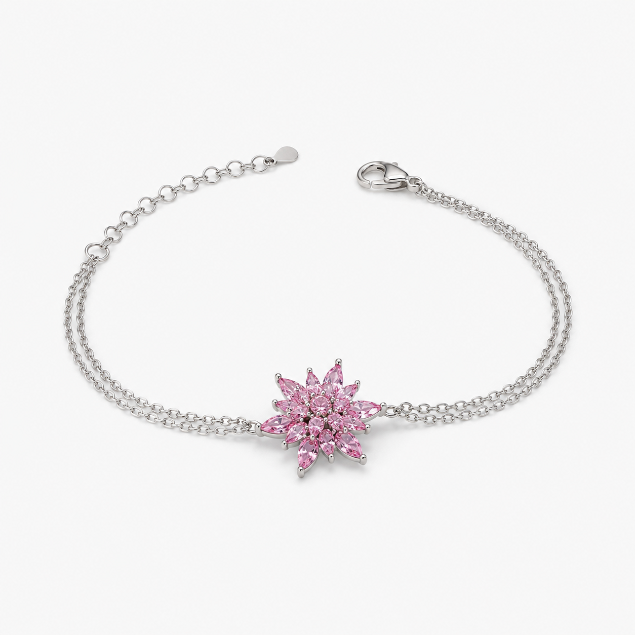 Lotelle | 925 Ayar Gümüş Pembe Taşlı Lotus Çiçeği Bileklik