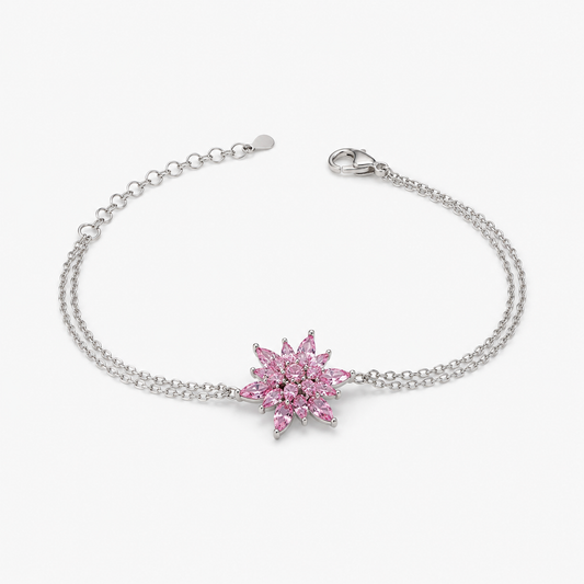Lotelle | 925 Ayar Gümüş Pembe Taşlı Lotus Çiçeği Bileklik