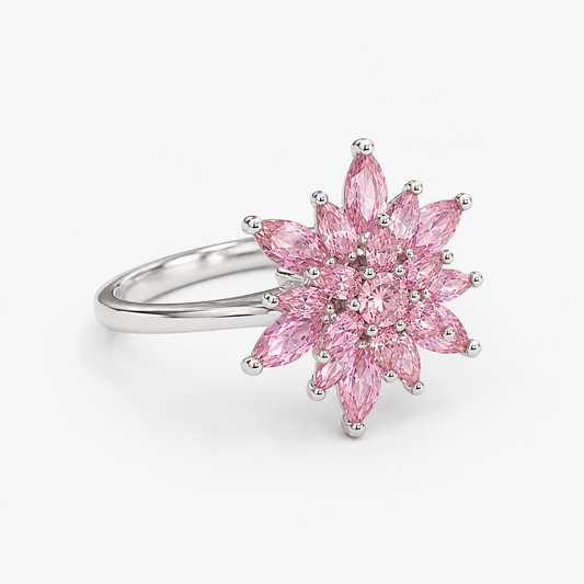 Lotelle | 925 Ayar Gümüş Pembe Taşlı Lotus Yüzük
