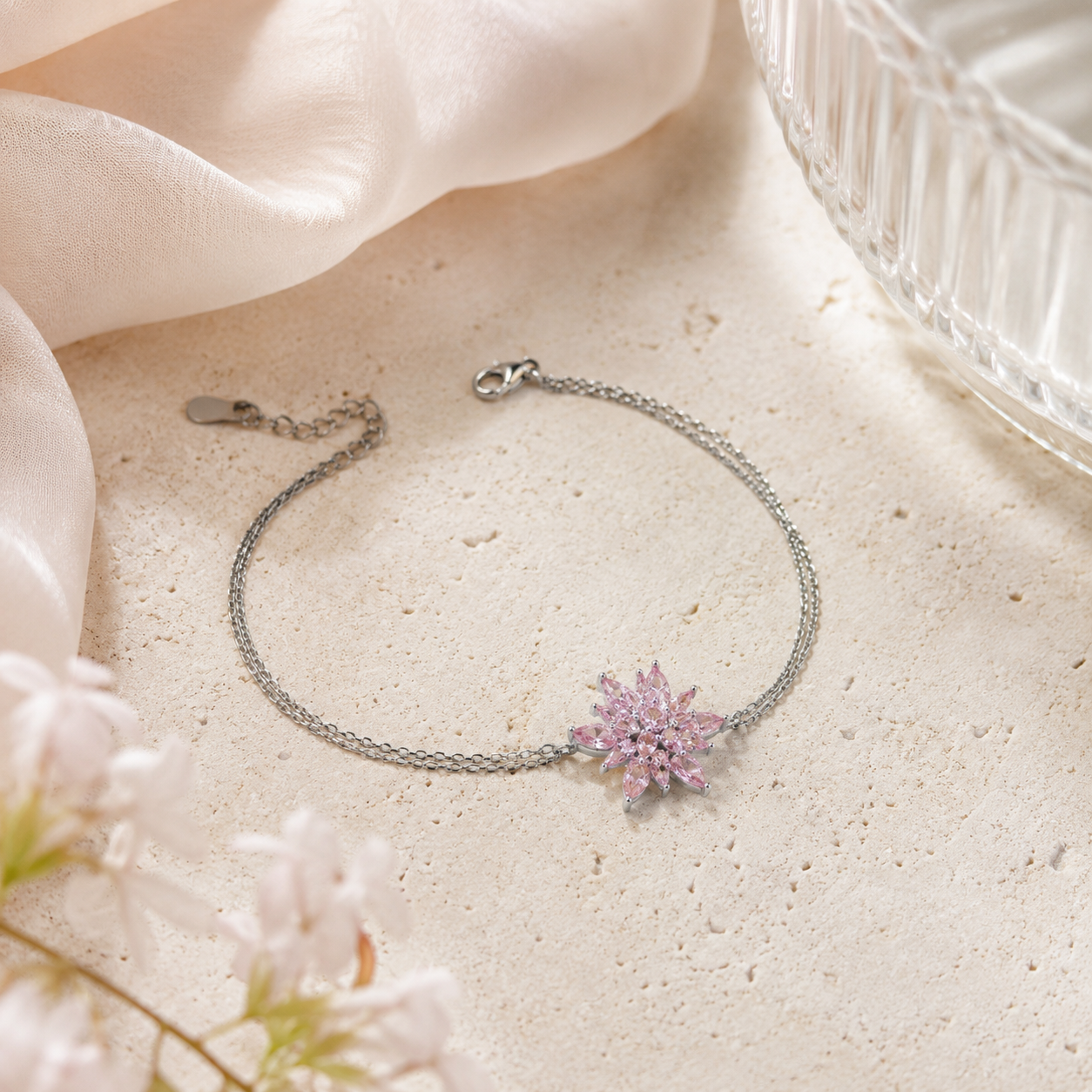 Lotelle | 925 Ayar Gümüş Pembe Taşlı Lotus Çiçeği Bileklik