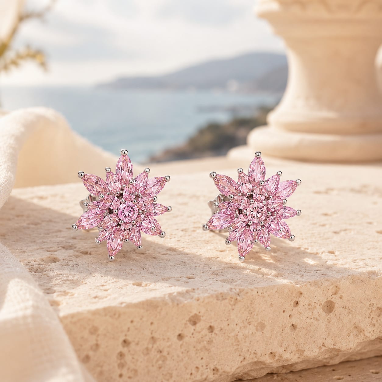 Lotelle | 925 Ayar Gümüş Pembe Taşlı Lotus Küpe