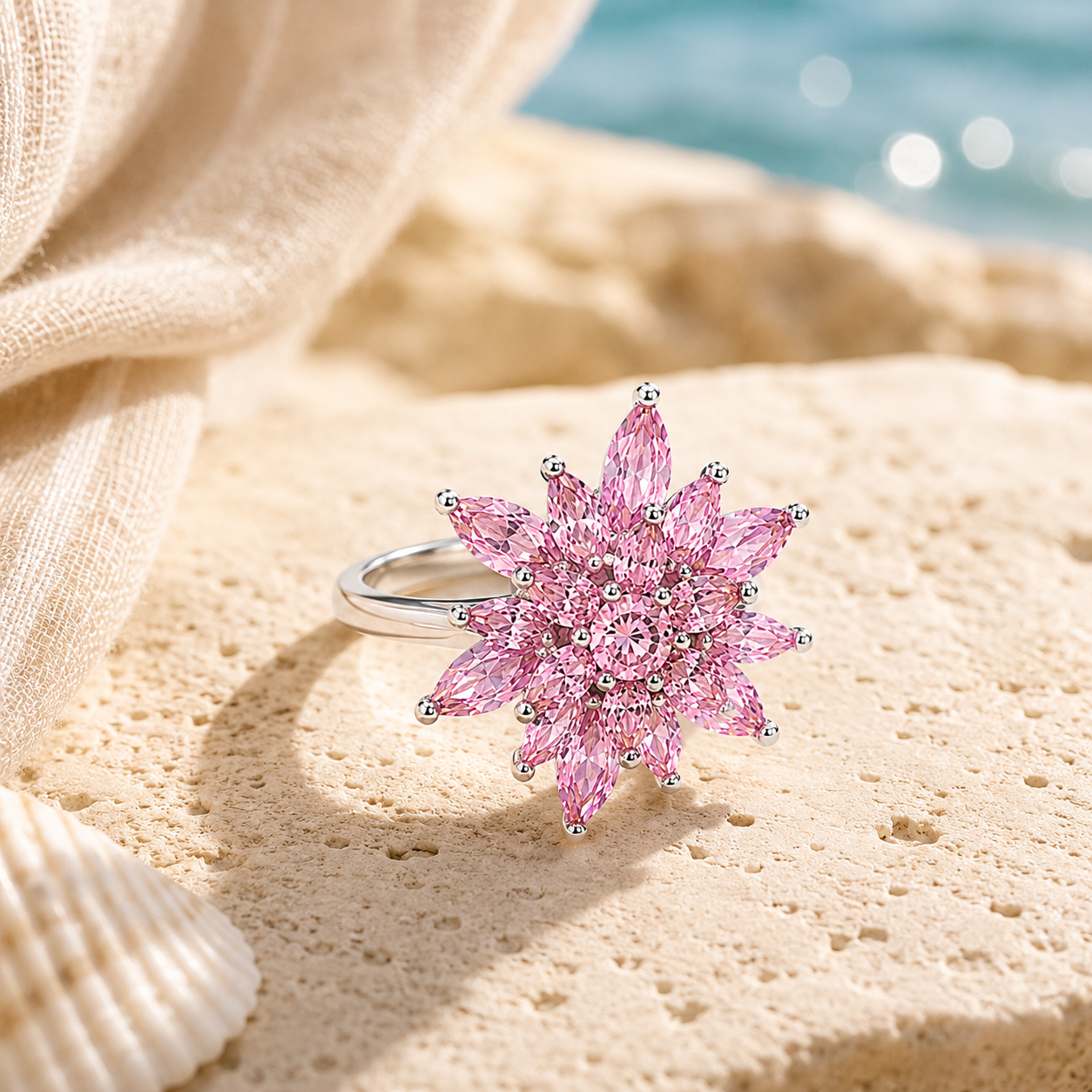 Lotelle | 925 Ayar Gümüş Pembe Taşlı Lotus Yüzük