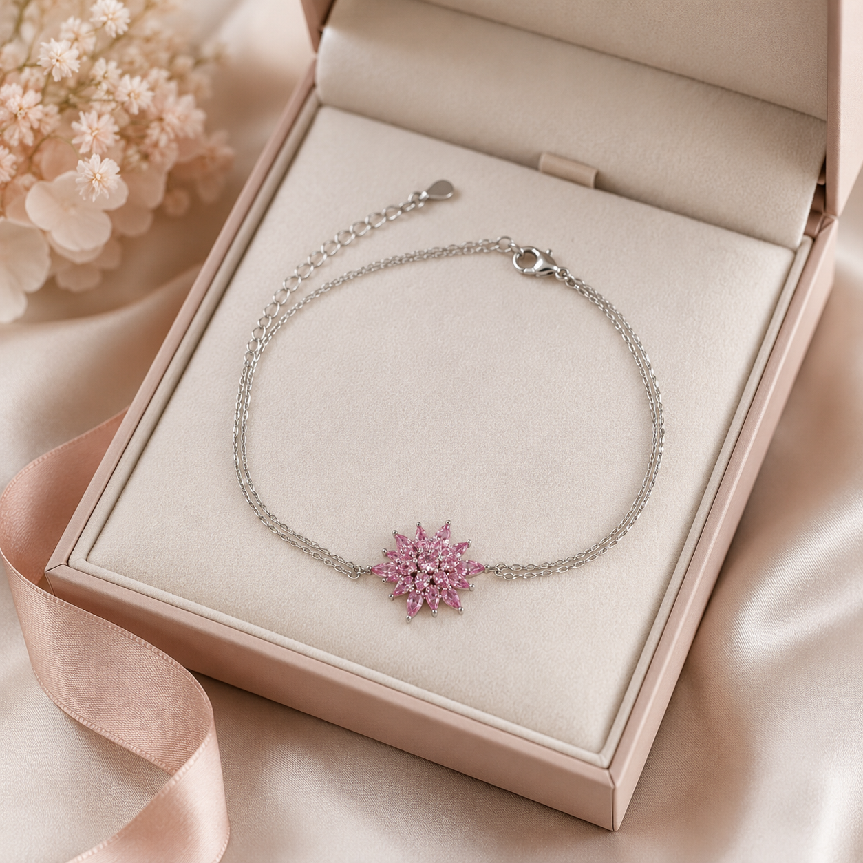 Lotelle | 925 Ayar Gümüş Pembe Taşlı Lotus Çiçeği Bileklik