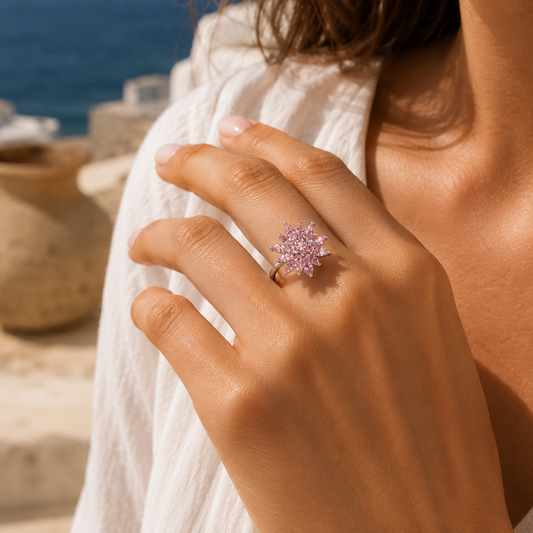 Lotelle | 925 Ayar Gümüş Pembe Taşlı Lotus Yüzük