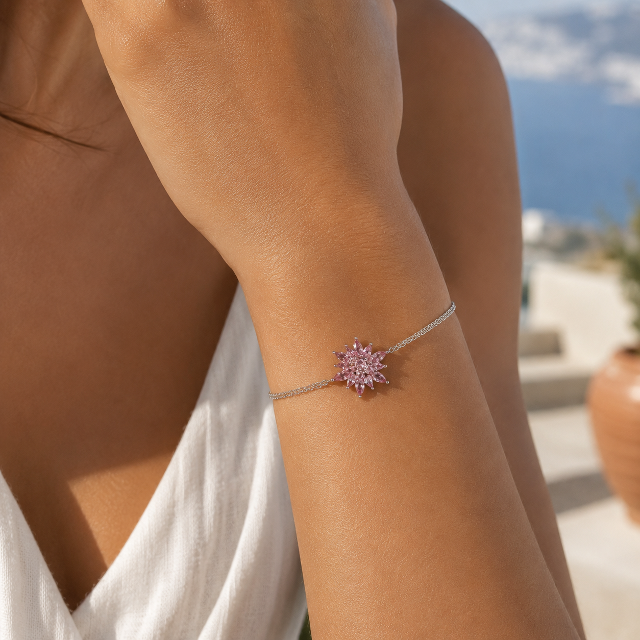 Lotelle | 925 Ayar Gümüş Pembe Taşlı Lotus Çiçeği Bileklik