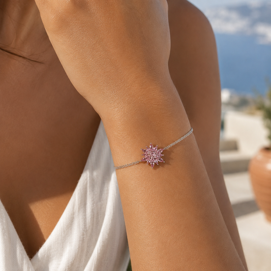 Lotelle | 925 Ayar Gümüş Pembe Taşlı Lotus Çiçeği Bileklik