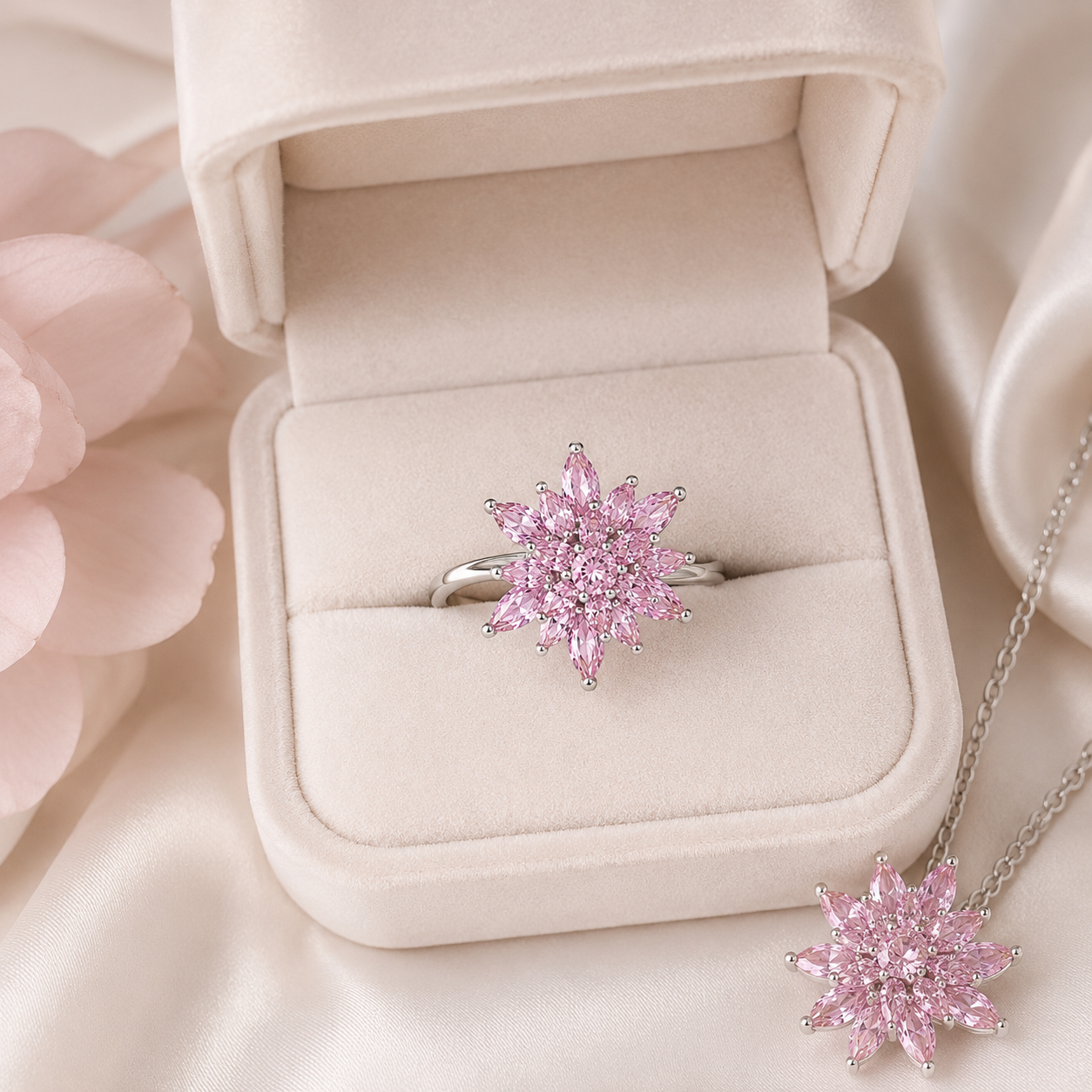 Lotelle | 925 Ayar Gümüş Pembe Taşlı Lotus Yüzük