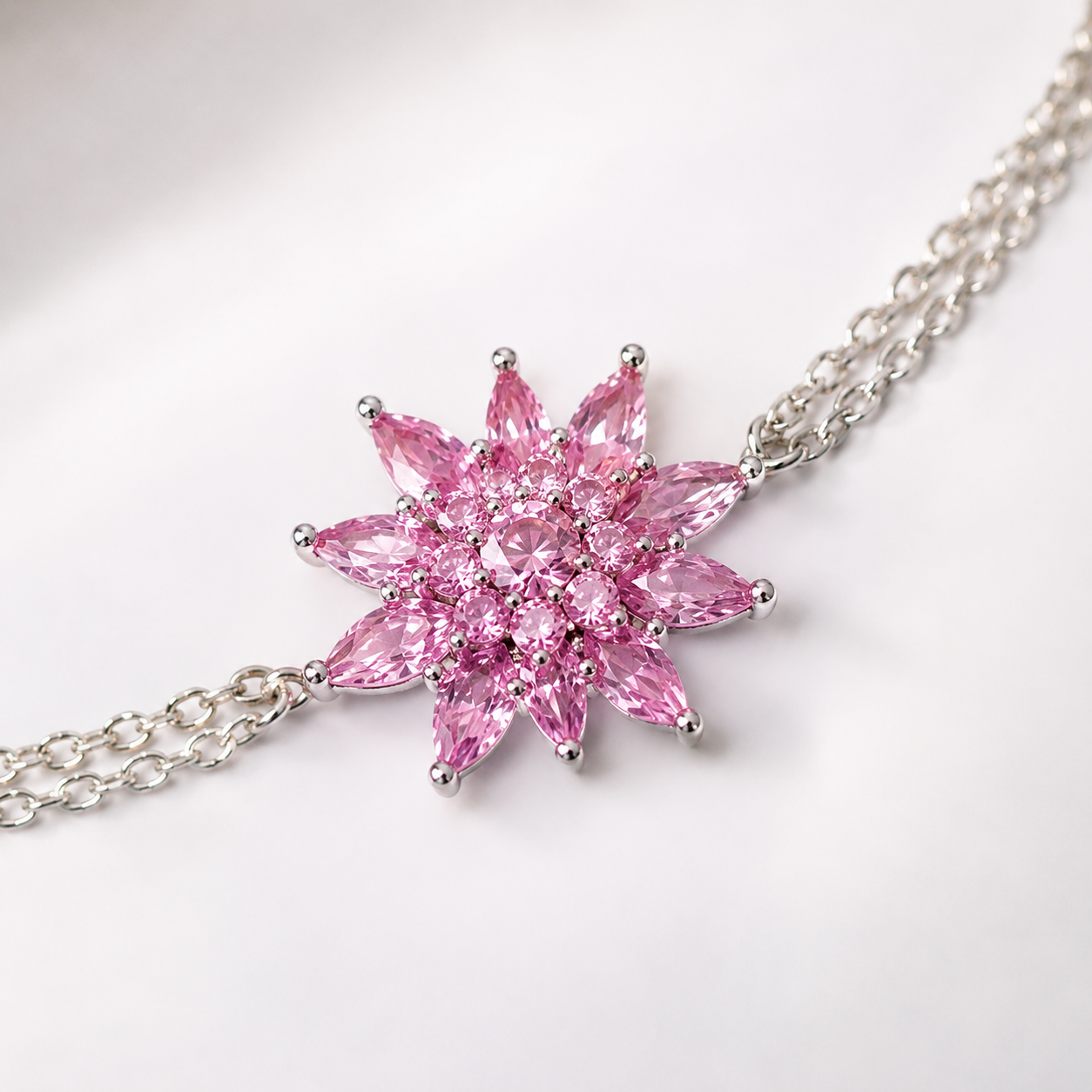 Lotelle | 925 Ayar Gümüş Pembe Taşlı Lotus Çiçeği Bileklik