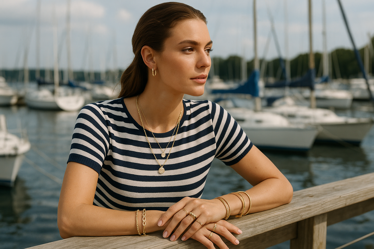 Marine tarzda, açık tenli bir kadın model marinada ellerini yaslamış ve yzaklara bakıyor. Elleri göğsü kulakları gold rengi trend gümüş takılar dolu