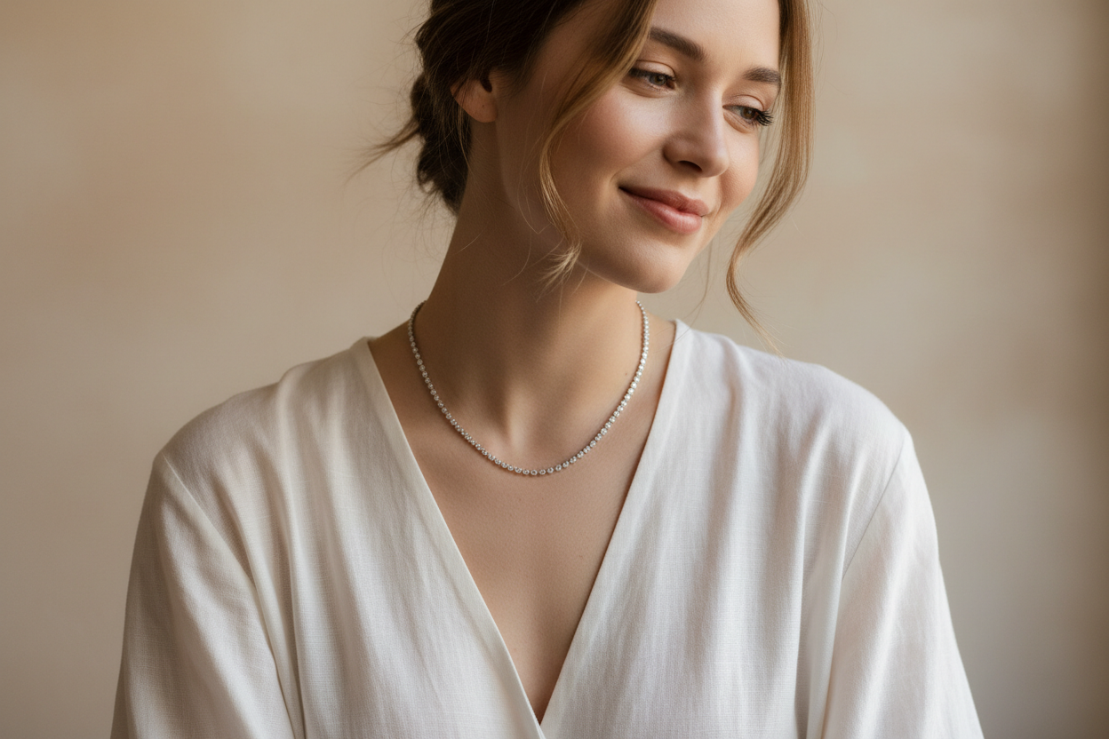 overexposed, excessive sparkle, harsh studio light, black background,
cheap jewelry look, artificial glow, overly posed model