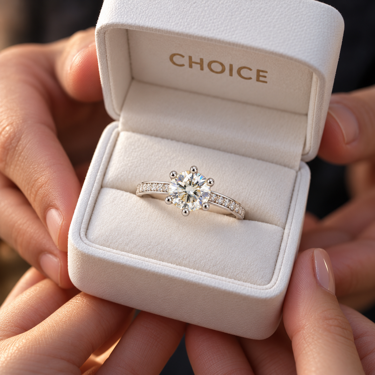 Solenne moissanite yüzük CHOICE hediye kutusunda