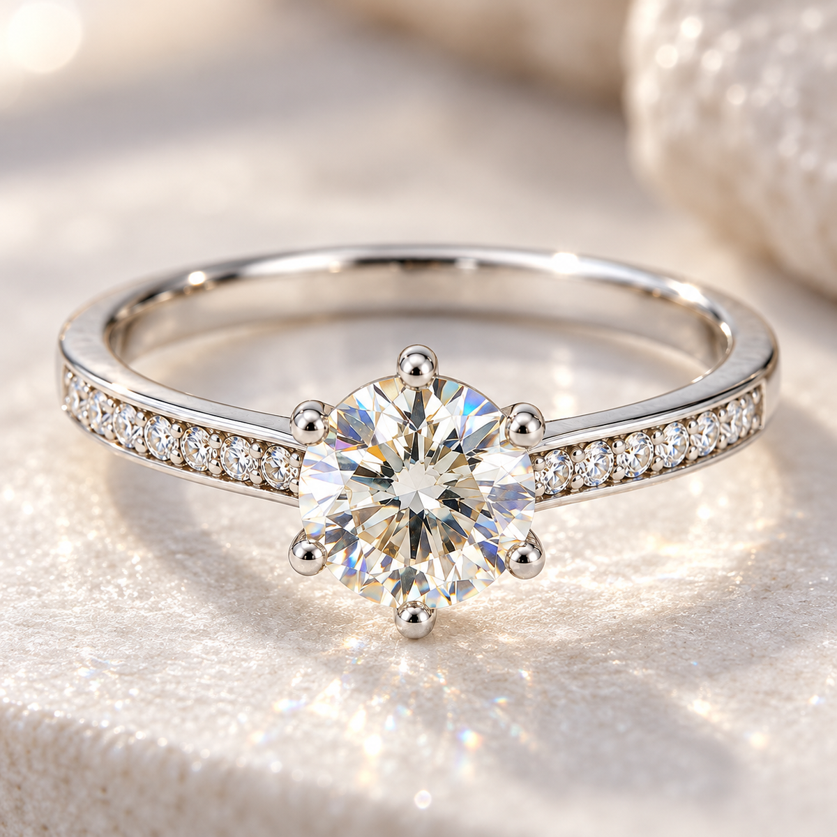 Solenne yuvarlak kesim moissanite tektaş yüzük yakın detay